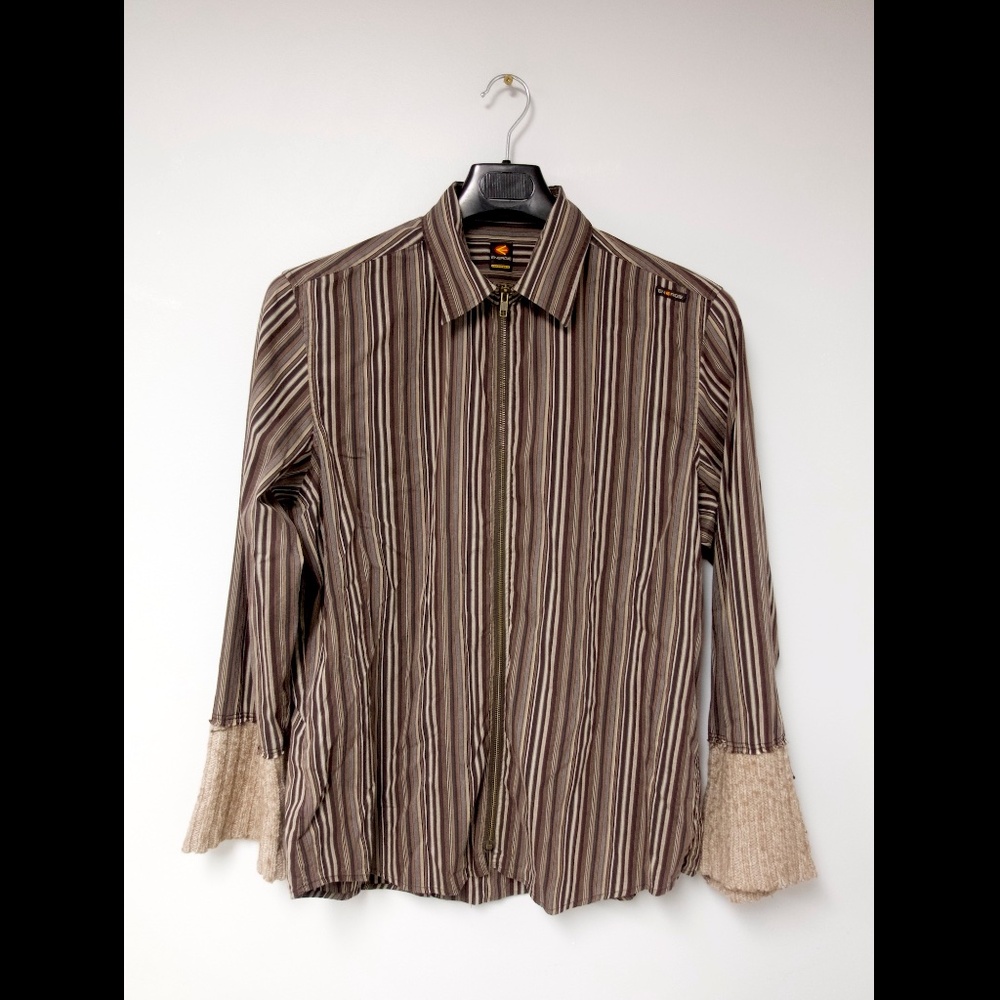 Vintage Y2K Energie Striped Full Zip Knit Cuff Shirt Jacket Mens Large Brown